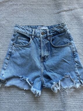 ZARA Faded Light Blue Distressed Denim Shorts